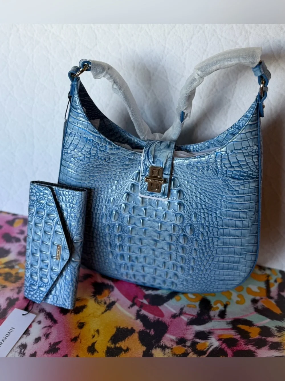 SET Brahmin Fallon Aura Blue Shoulder Bag leather Sky Blue & Wallet NWT